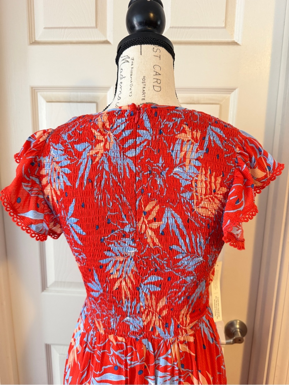 Anthropologie Red Midi Dress with Blue and Cream Leaf Print - Picture 4 of 7